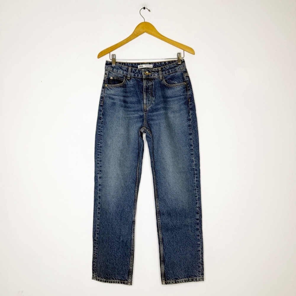 Zara Women’s High Rise Straight Leg Jeans Size 4 Button Fly Blue Wash